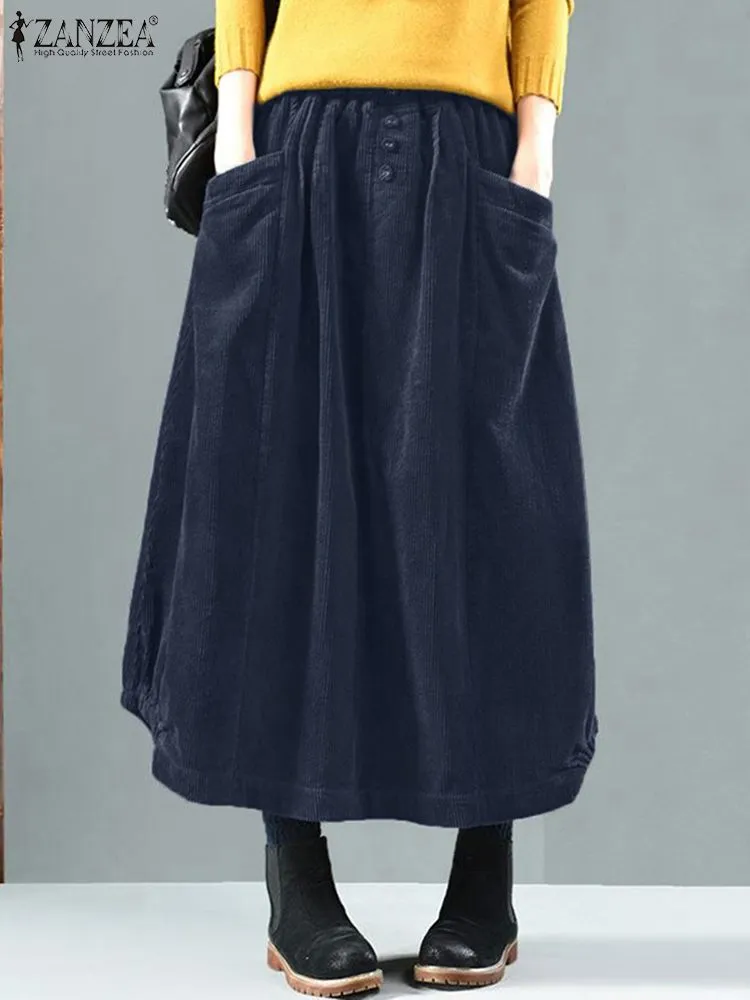   ZANZEA-캐주얼 탄성 허리 밴디지 A 라인 스커트 여성용, 느슨한 솔리드 컬러 코듀로이 패션 오버사이즈 가을 상품 