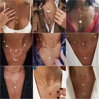 fashion metal multi layer necklace for women men female simple long personality cross moon clavicle chain pendant necklace