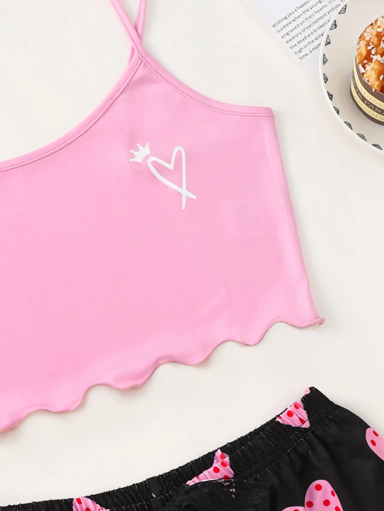 Heart-Shaped Print Halter Tops and Lace Bow Upholstered Shorts Housecoat Pajama Set Fashion Sexy Home Women's Underwear Pajamas