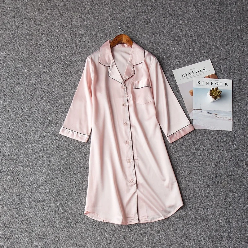 

Shirt Nightgown Gown Womens Lounge Nightdress V-Neck Pajamas Turn-down Collar Nighties Nighty Robe Female Silky Sleepwear Dress