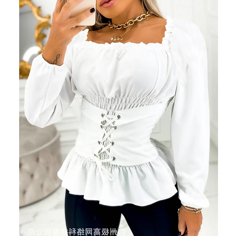 

Women Shirts Tops Summer Fashion Solid Slim Bandage Ruched Blouse Women Casual Long Sleeve Square Collar Pullover Ruffle Shirts