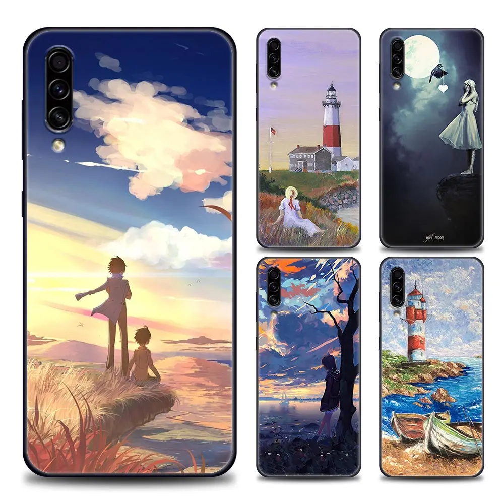 

Phone Case for Samsung A10 A20 A30 A30s A40 A50 A60 A70 A80 A90 5G A7 A8 2018 Soft Silicone CoverCartoon Scenery Girl lighthouse