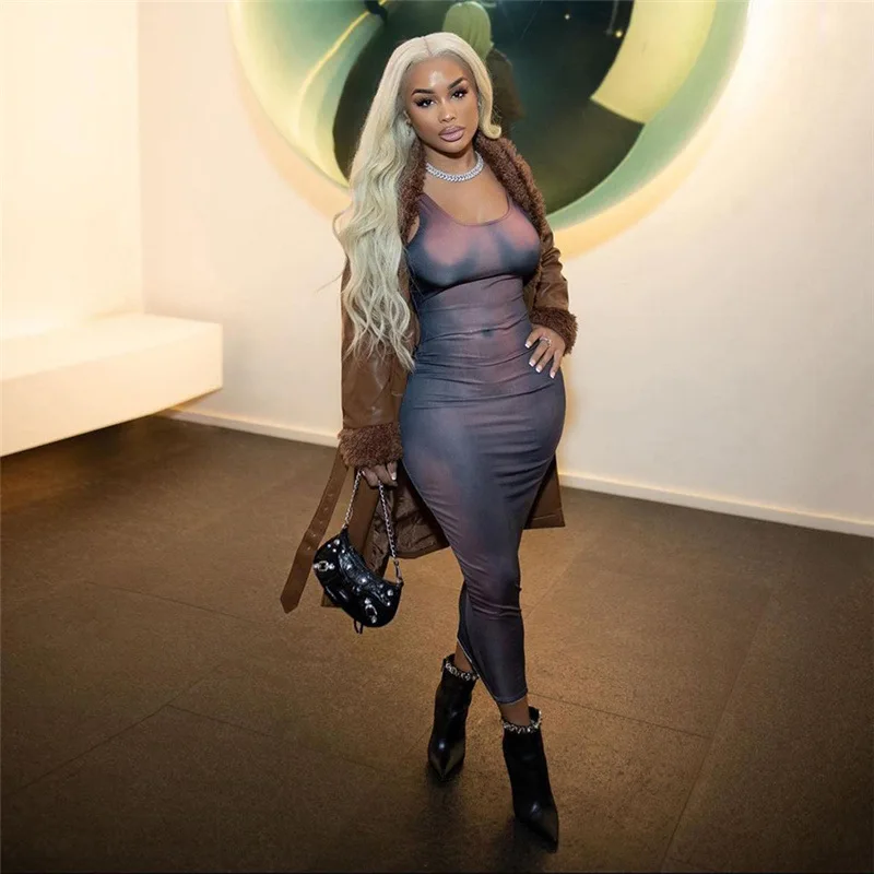 

FTS Spring 3D Body Print Dress Women's Fashion Sexy Low Neck Sleeveless High Waist Hip Wrap Slim Dress Female Clothing 2023