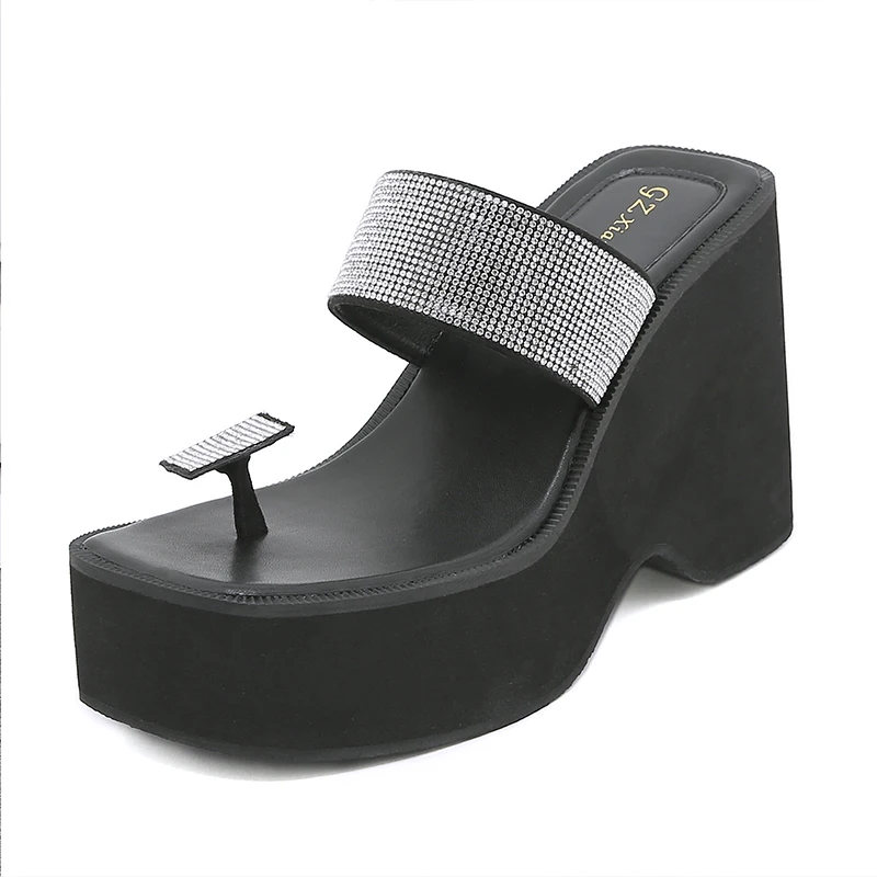 Wedges Square Toe Platform Rhinestone Women's Slippers Size 35-43 Summer Gladiator Women Shoes Flip Flops High Heels Slides Sexy