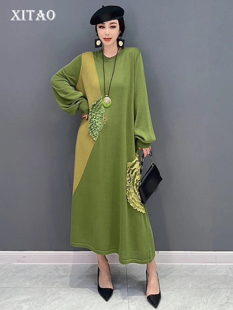 

XITAO Patchwork Knitted Dress Contrast Color Show Thinness O-neck Loose Casual Style Temperament New 2023 Spring SMH1686