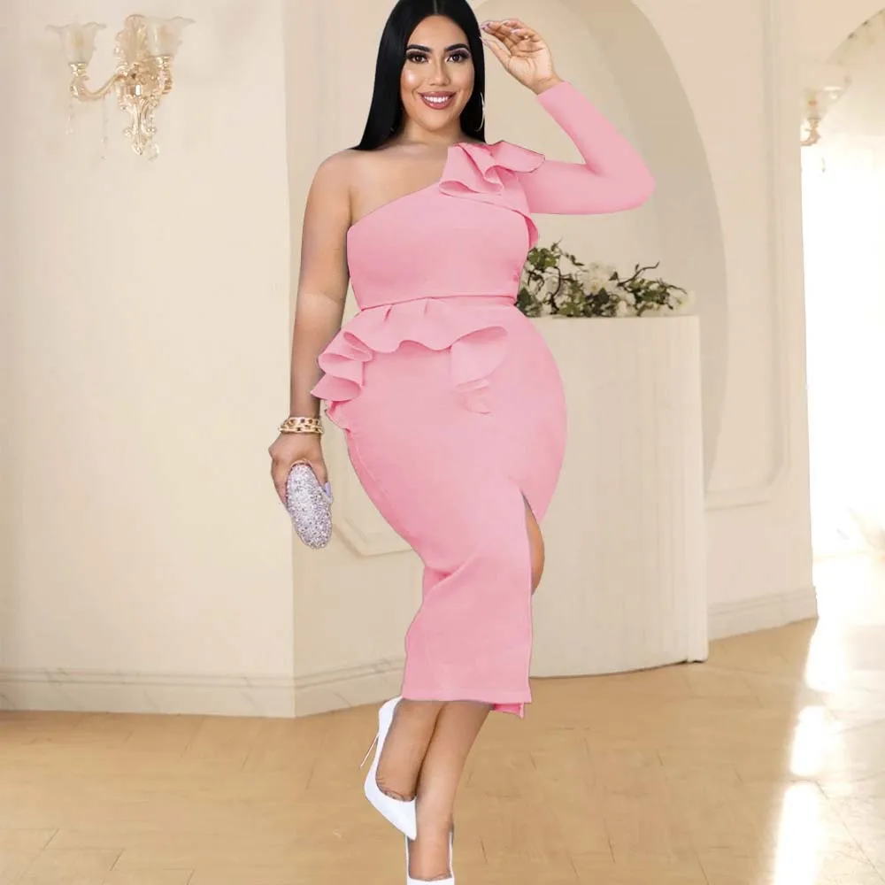 

Party Dress Sexy Oblique Shoulder Long Sleeve Ruffle High Waist Slit Bridesmaid Dress Elegant Dresses For Women 2022 Summer New