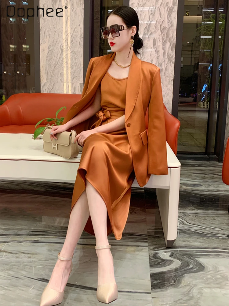 

2 Piece Dress Sets Women's Office Outfits Spring 2022 Socialite Elegant Acetate Satin Mid-length Suit Coat and Suspender Dresses
