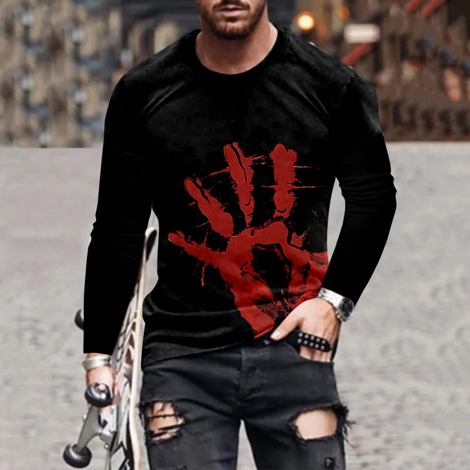 

Футболка для Хэллоуина для мужчин и женщин, объемный принт ручной работы, большие размеры, футболки с длинным рукавом, женская одежда в стил...