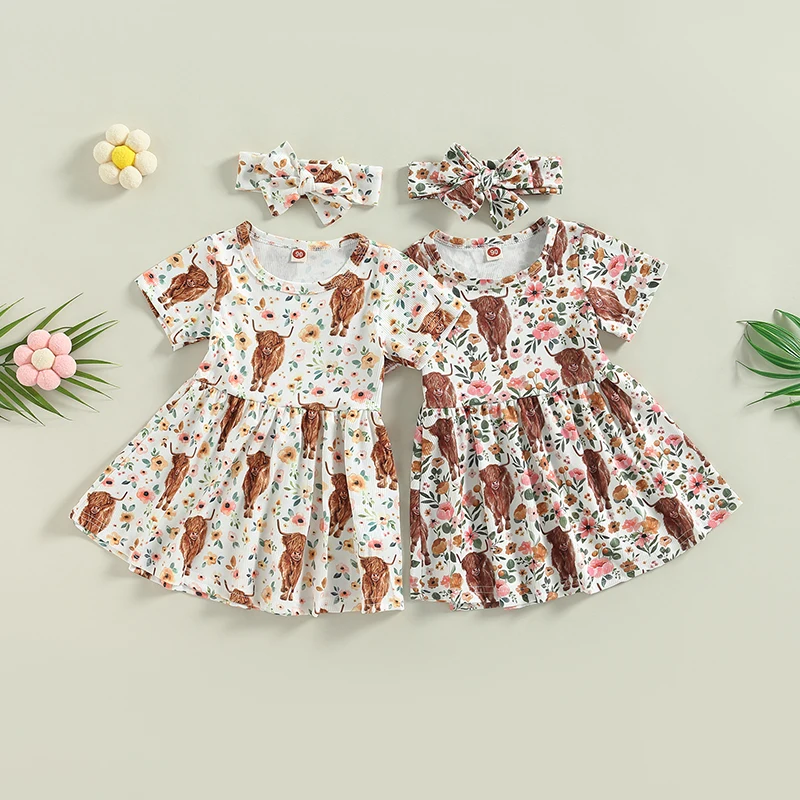 Toddler Girl 2Pcs Summer Outfits Short Sleeve Cow Floral Print Dress + Headband Set