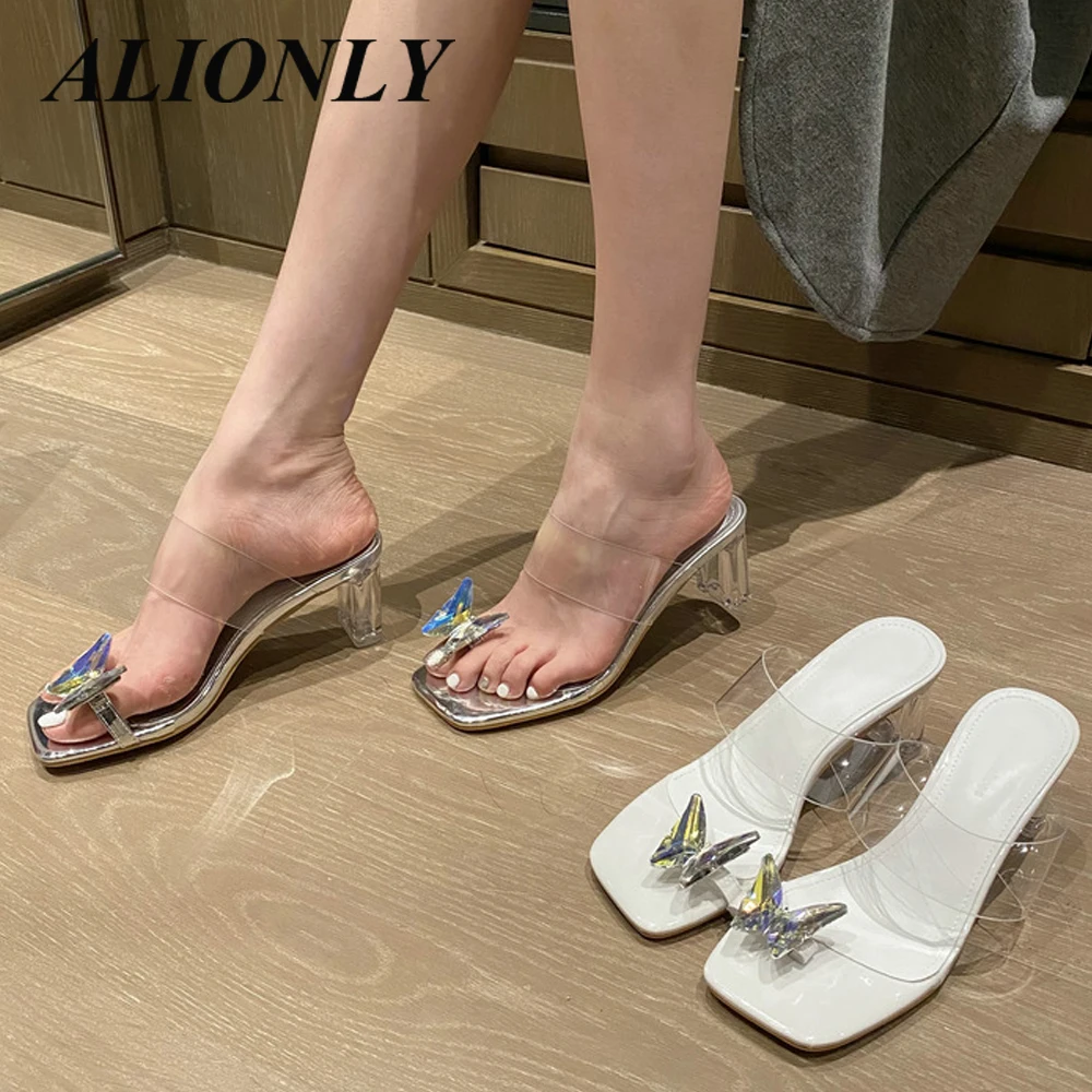 

Alionly 2022 Summer Shoes for Women New Fashion Clip-toe Bow High-Heeled Slippers Transparent Drag Thick-Heeled sandals 7cm