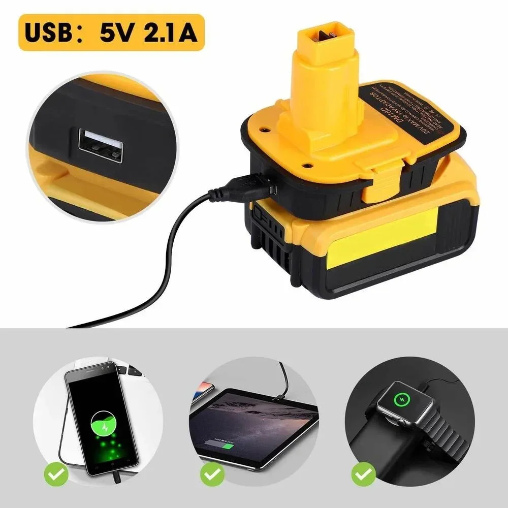 Фото Адаптер DM18D с USB для литиевых аккумуляторов DEWALT 20V, для литий-ионных аккумуляторов Milwaukee 18V, подходит для NiCd/NiMH аккумуляторов DEWALT 18V. №3