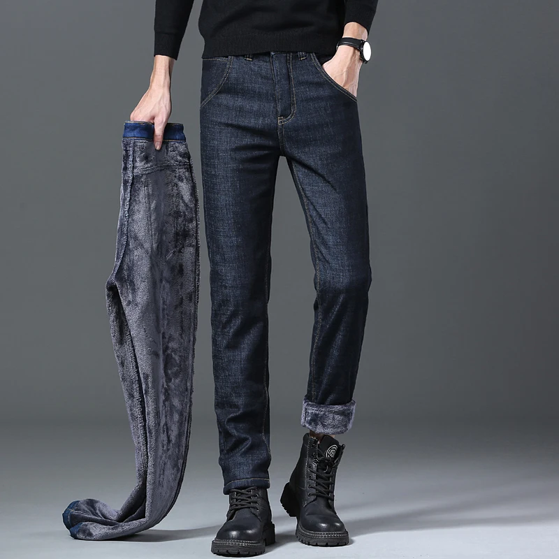 Winter 2022 Warm Men Clothing Slim Stretch Cotton Plush Solid Color Straight Leg Jeans Winter Snow Thickened Outdoor Denim Pants