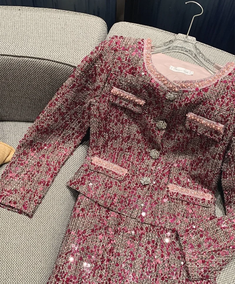 Уличная одежда Элегантный красный твидовый комплект из 2 предметов Женский