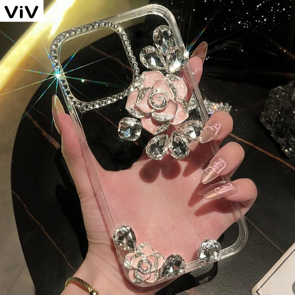 

3D Bling Diamond Camellia Flower Glitter Crystal Phone Case For iphone 15 14 13 12 11 Pro Max X XS XR 7 8 Plus SE Mini Cover