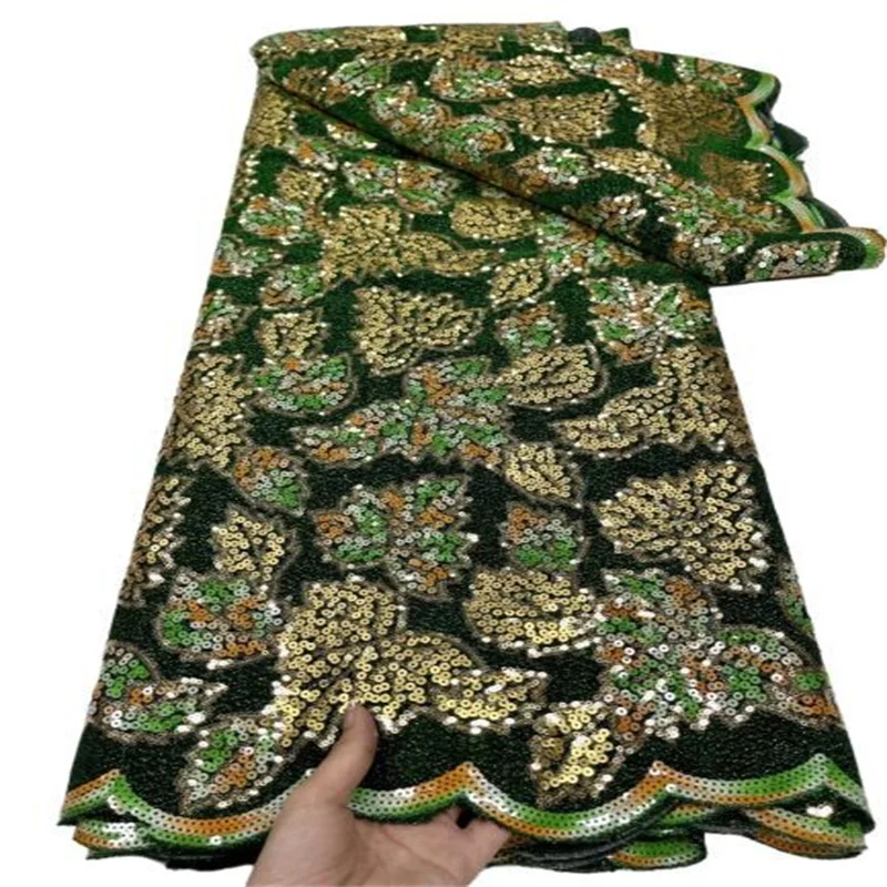 

2022 Green/Gold African Net Lace Fabric High Quality Heavy Sequines French Mesh Lace Fabric For Wedding Party Dress Sew