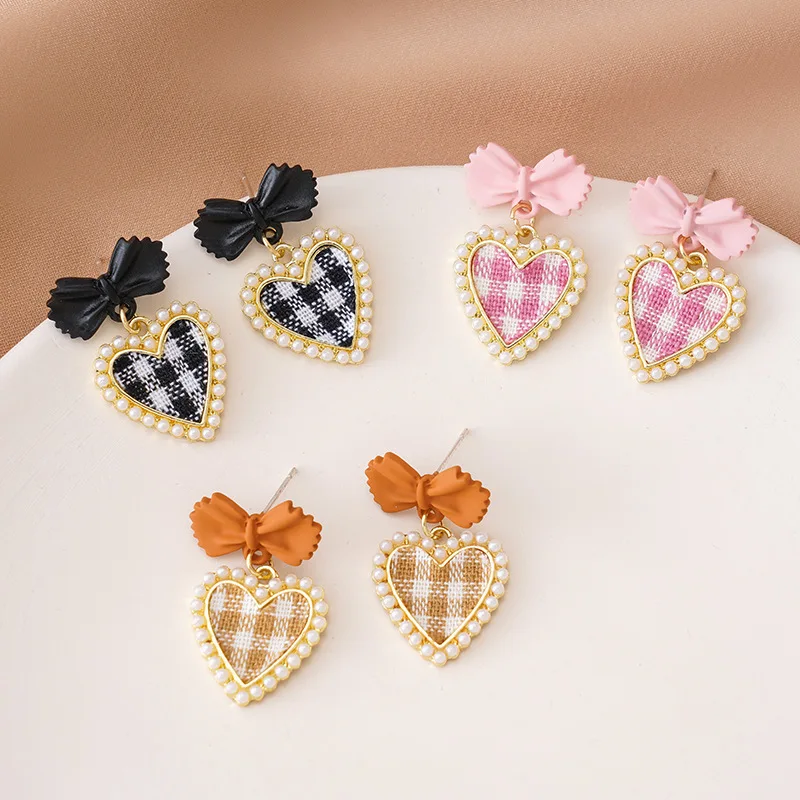 

925silver pearl Bowknot heart dangle earring for women girl vintage grid drop earring aesthetic elegant korean fashion pendiente