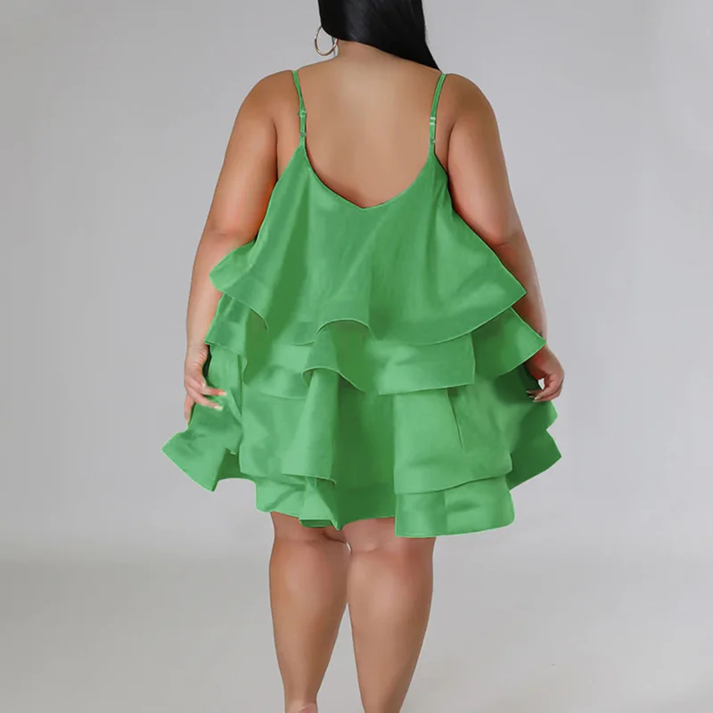 Summer Clothes for Women Solid Color Ruffles Sleeveless Sexy Square Collar Adjusting the Shoulder Strap Plus Size Princess Dress