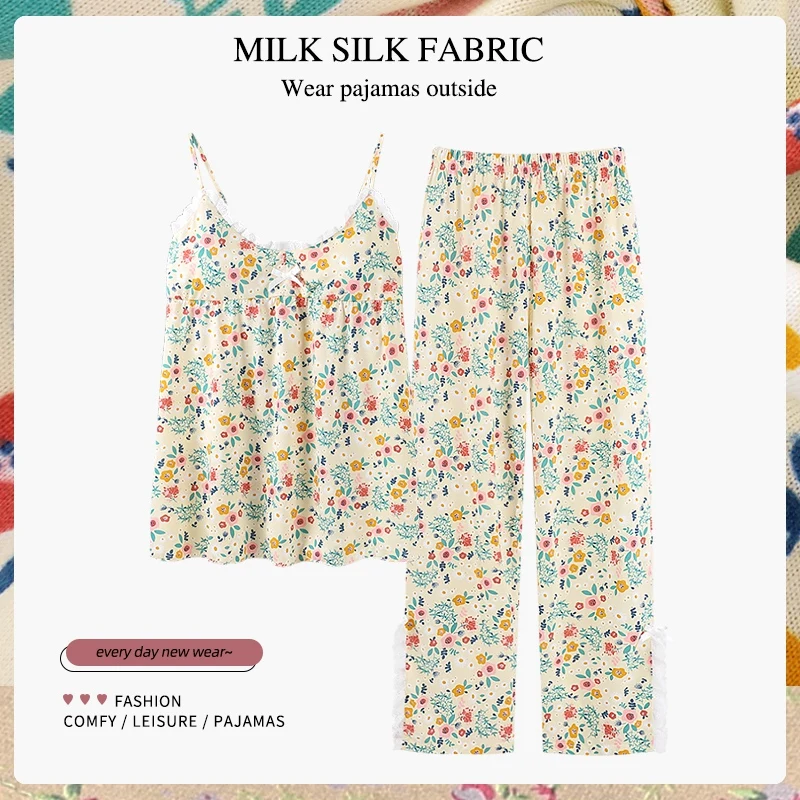

2022 Summer Plus Size Sexy Lace Spaghetti Strap Cotton Pajama Sets for Women Sleepwear Pyjama Homewear Pijama Mujer Home Clothes