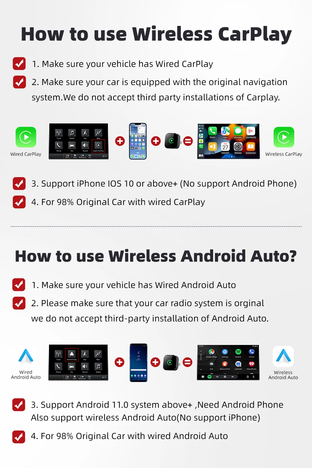 Фото Xiaomi Wireless CarPlay Dongle Беспроводной Android Auto адаптер 2в1 Автомобильная интеллектуальная система AI Smart Box для автомобиля с проводным CarPlay №4