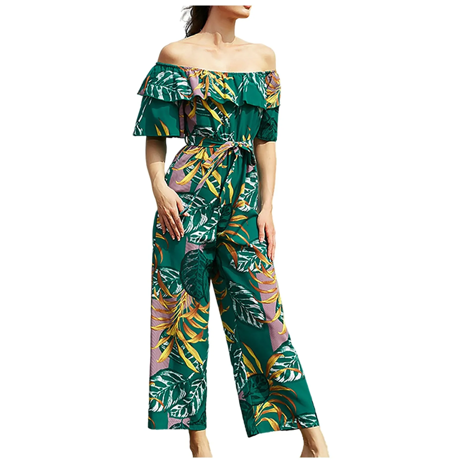 Женский шифоновый комбинезон с коротким рукавом оборками и открытыми плечами