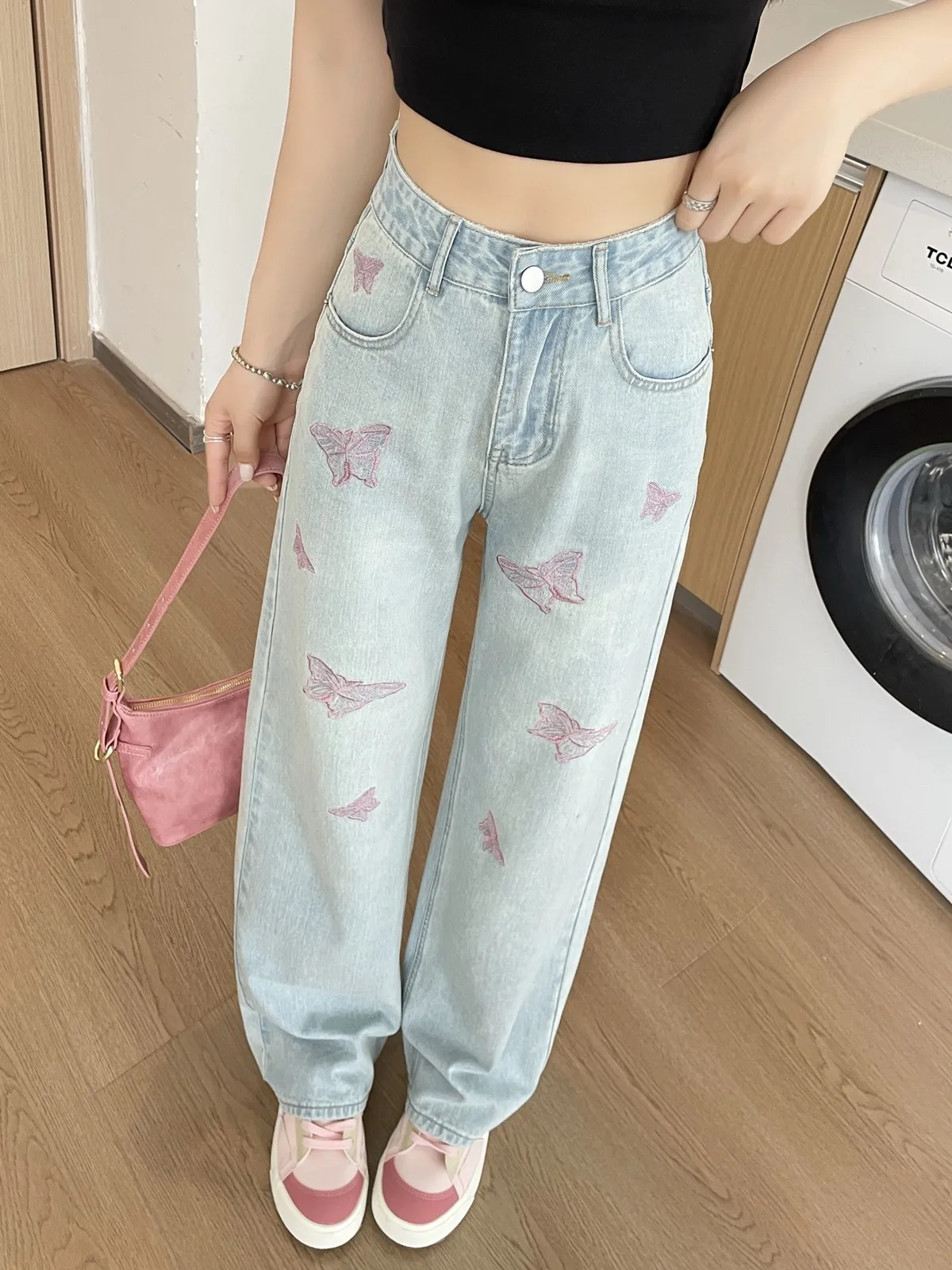 ZHISILAO новые джинсы с принтом бабочки женские синие классические прямые джинсовые