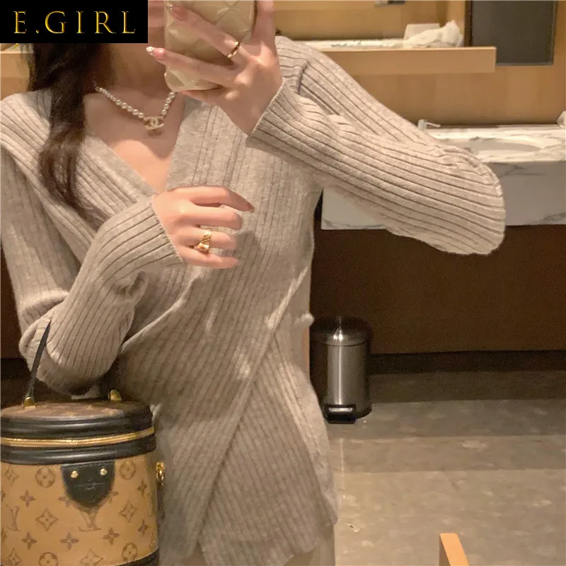 

Long Sleeve T-shirts Women V-neck Knitted Slim Fashion All-match Vintage Spring Elegant Tender Tops Cozy Pure Color Feminino Ins