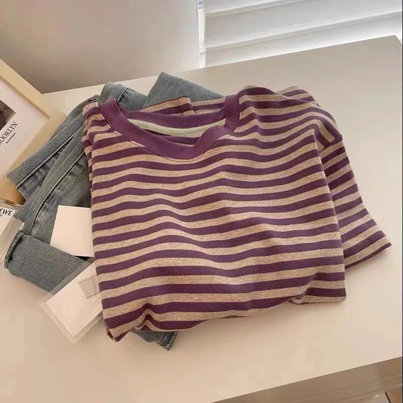 

Women's Fashion Korean Tops Pink Striped Short Sleeve Top 2023 Summer New O Neck T-shirt Versatile Loose Tees Student T-Shirts