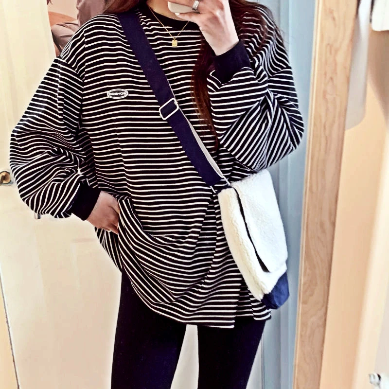 

Popular Top T-shirt Stripes Retro Comfortable Long-t-shirt Student Boyfriend Couple Trendy Blouse Women T-shirt Selling Well.