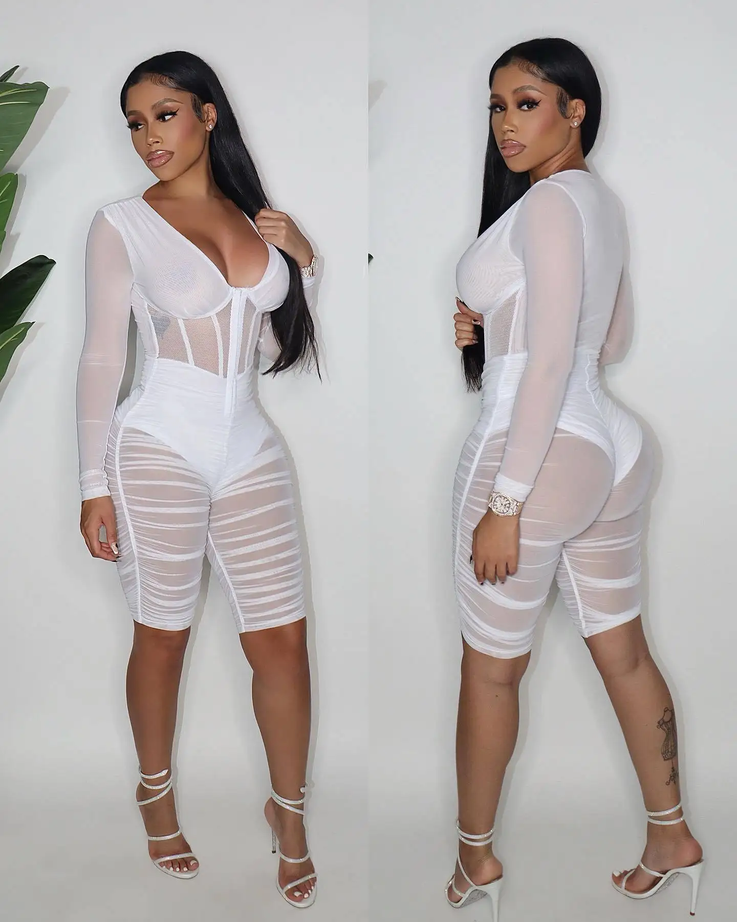 Ladies sexy jumpsuit summer women's fashion mesh stitching pleated wrap chest casual jumpsuit women fashion clothes