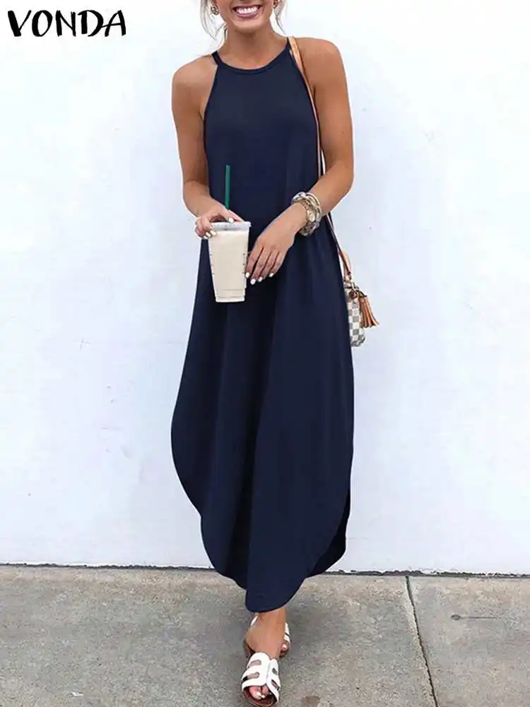 

VONDA 2023 Women Summer Dress Casual Sexy Sleeveless Halter Bohemian Vestido Solid Vintage Sundress Backless Beach Robe Femme