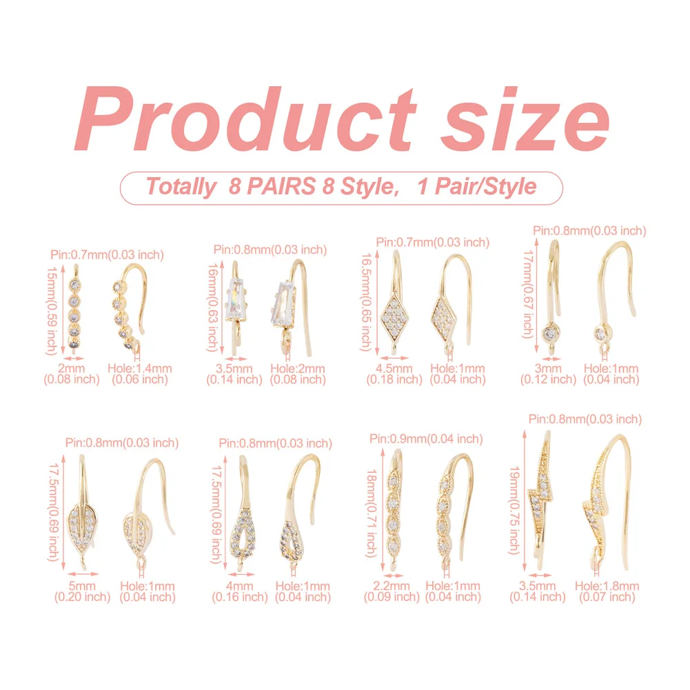 8 Pairs Brass Micro Pave Cubic Zirconia Earring Hooks Rhombus Teardrop Lighting Real 14K Gold Plated for Jewelry Making DIY