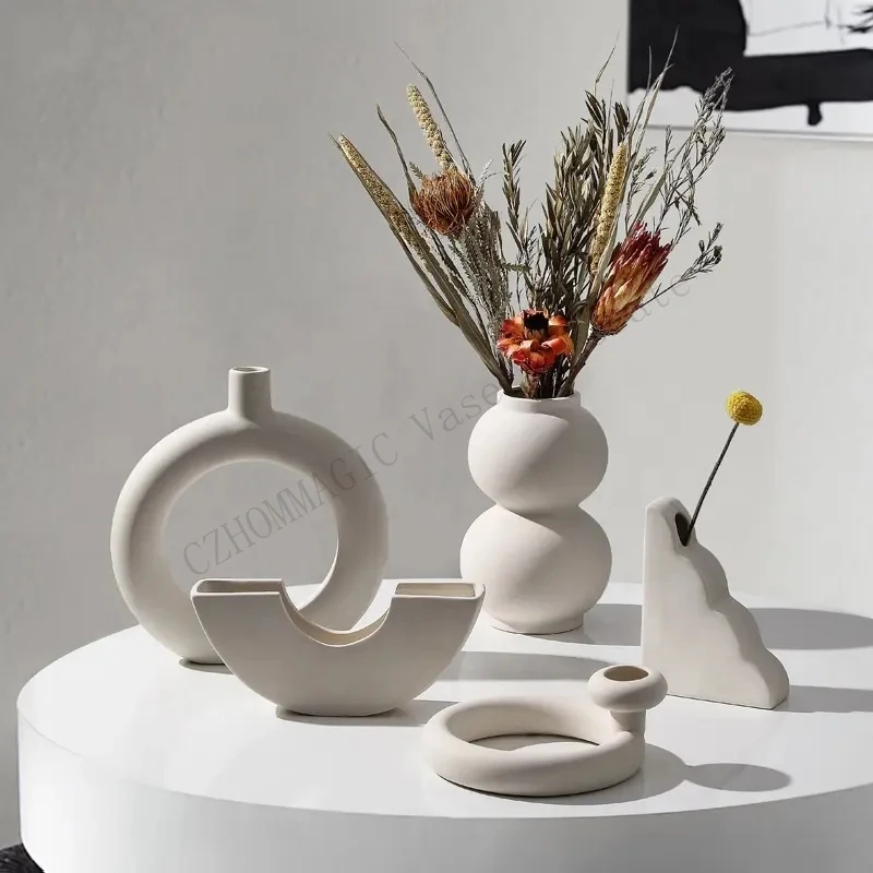 

Nordic White Ceramic Geometric Vase Abstract Sculptural Home Decor Irregular Matt Dried Flower Vase Arrangement Porcelain Gifts