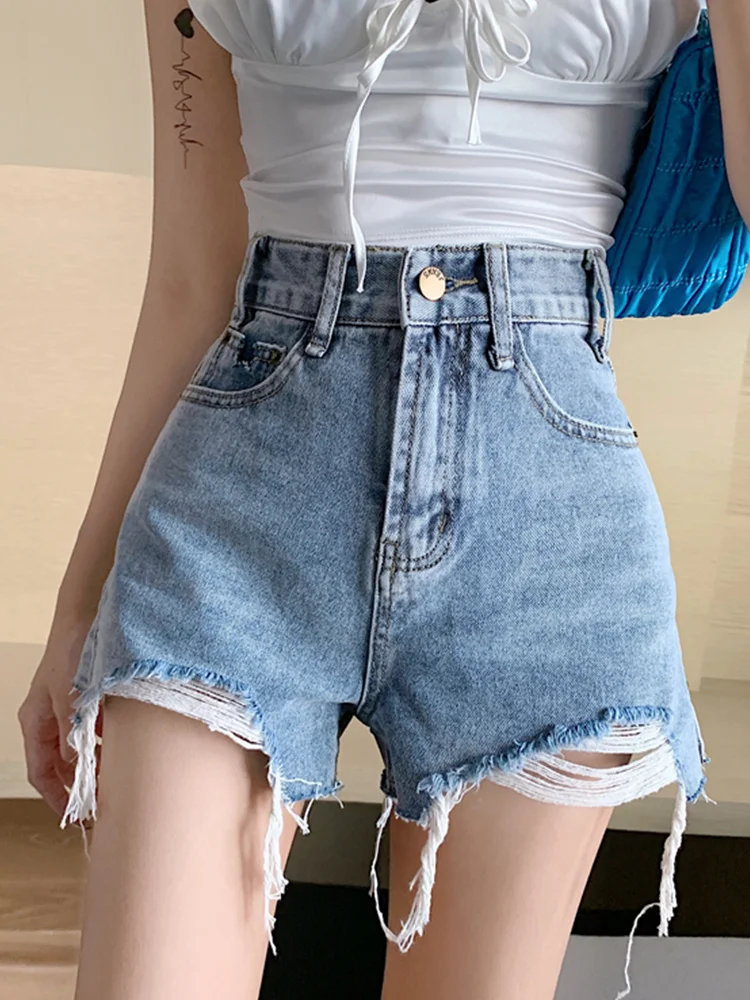 

Ailegogo New Summer Women Retro Loose Hole Frayed Blue Denim Shorts Streetwear Female High Waist Button Jeans Shorts Bottoms