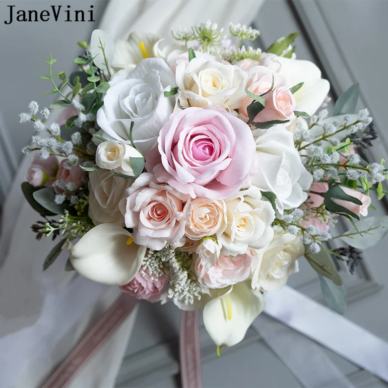 

Janevini Pink White Artificial Wedding Bouquets for Bride Calla Lily Roses Bridal Holding Flowers Ramos De Flores Artificiales