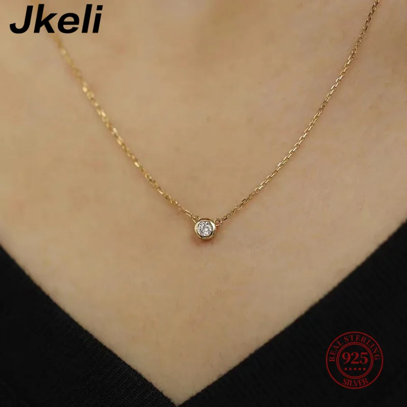 

Ожерелье Jkeli из стерлингового серебра 925 пробы с позолотой 14 карат универсальное с одним сверкающим цирконием цепочка до ключиц для женщин Свадебные украшения