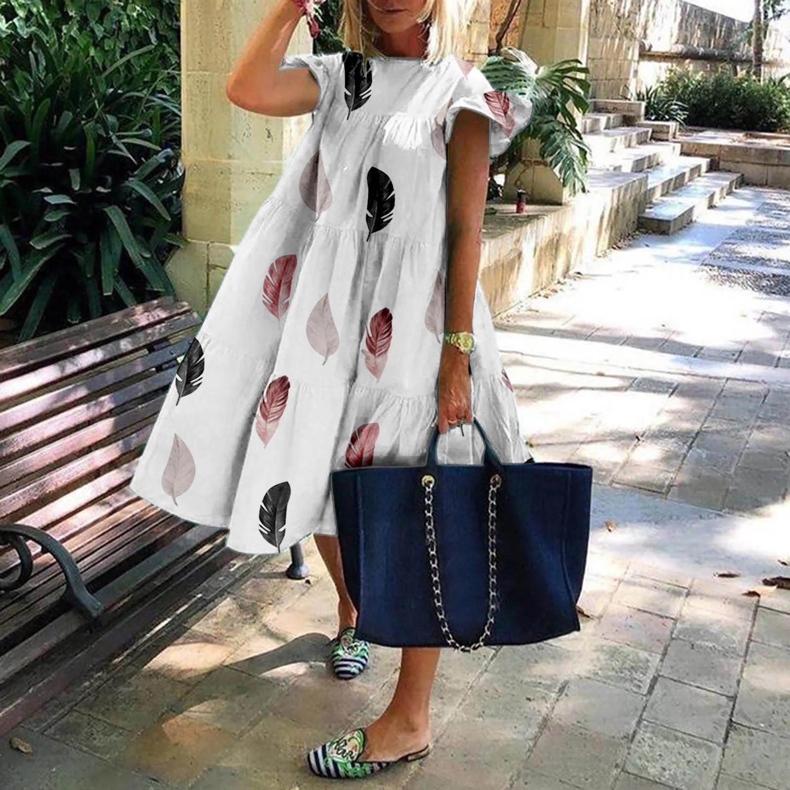 

Женское летнее пляжное платье для отпуска, свободное платье-накидка с оборками на рукавах, пуловер с принтом в виде перьев, повседневные платья, 2023