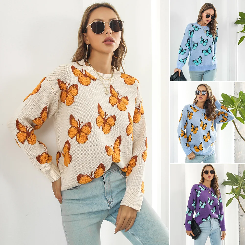 

Женские свитера, модные пуловеры с 3D бабочками, новинка на осень и зиму, Свободный Топ с круглым вырезом и длинным рукавом, Женский вязаный пуловер
