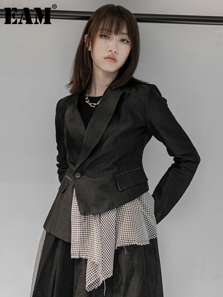 

[EAM] Women Black Plaid Burr Asymmetrical Blazer New Lapel Long Sleeve Loose Fit Jacket Fashion Tide Spring Autumn 2022 1DD6017