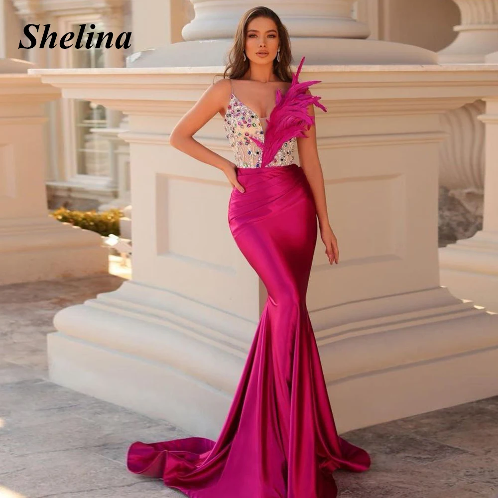 

Shelina Modern V-neck Evening Dress Feathers Crystal Pleat Mermaid Spaghetti Straps Backless Robes De Soirée Made To Order