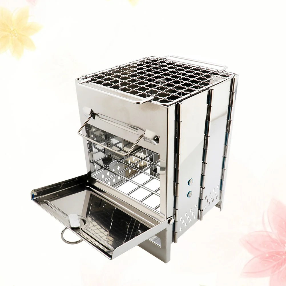 

Stainless Steel Square Wood Burning Stove Portable Collapsible Grill Outdoor Camping Cookware (Silver)