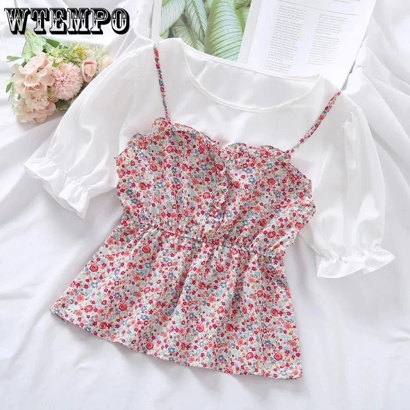 Floral Short-sleeved Shirt Chiffon Fake Two-piece Round Neck Lotus Leaf Sleeves Slim Fit Shirts Women Summer Blouses Ladies Top