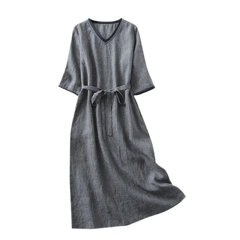 2024 новое летнее льняное плетение в клетку с v-образным вырезом и шнурком