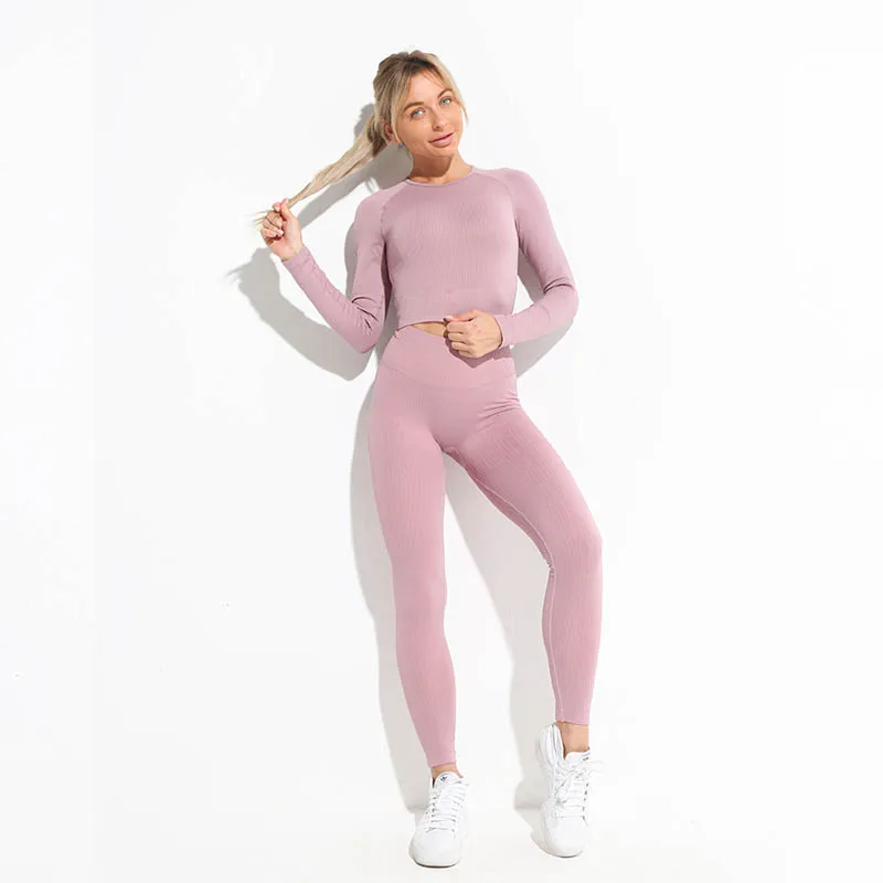 Sportswear Women Gym Set Yoga Suit Seamless Workout Running Clothing Leggings 2Pcs Long Sleeve Sportswear Women's Tracksuit
