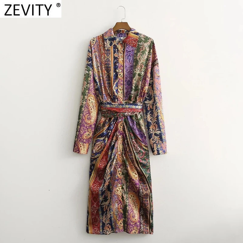 

ZEVITY Women Vintage Patchwork Court Totem Flower Print Pleats Kimono Dress Female Chic Single Breasted Sashes Vestidos DS9118