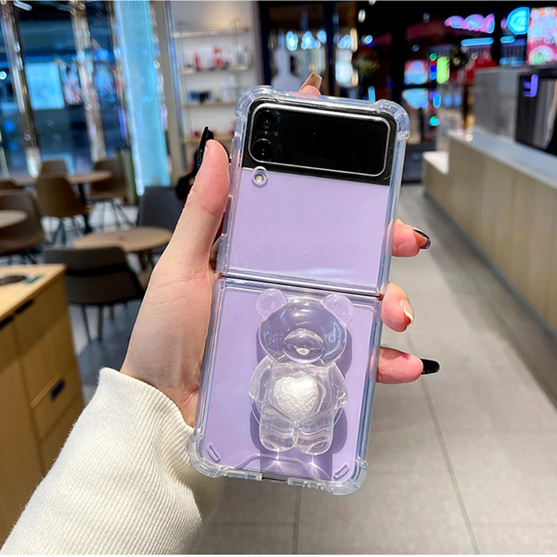 

Korean Cute 3D Love Heart Bear Bracket Clear Protective Soft Case For Samsung Galaxy Z Flip 4 3 5G Shockproof Back Cover Funda