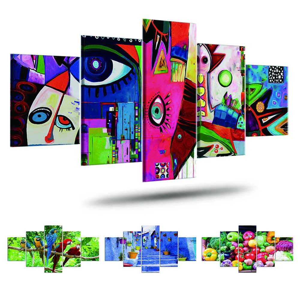 

Unframed 5 Panel Graffiti Parrot Landscape Abstract Cuadros Canvas Print Posters Wall Art Pictures HD Paintings Room Home Decor