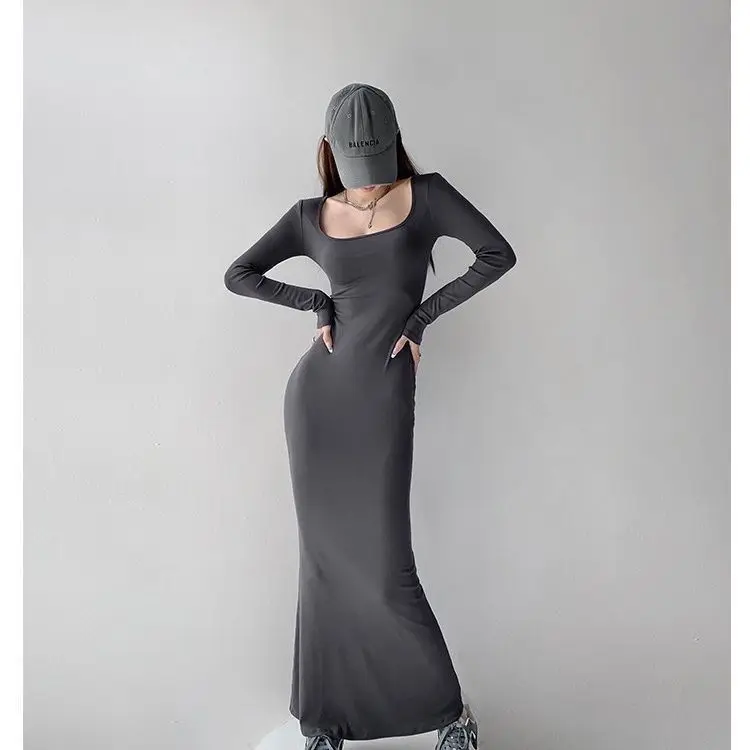 

Летнее платье-футляр с высокой эластичностью, однотонное повседневное облегающее длинное платье-карандаш с длинным рукавом, женское сексуальное элегантное тонкое платье, M676