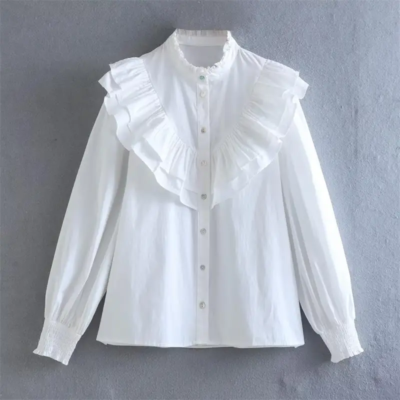 

Рубашка, топы, новая блузка, новинка 2022, Модная элегантная Хлопковая женская рубашка с оборками, модная шикарная бежевая Молодежная блузка