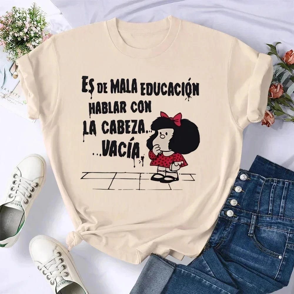 Фото Женские повседневные свободные удобные летние футболки с рисунком Mafalda, женская одежда в стиле Харадзюку, уличная одежда №1
