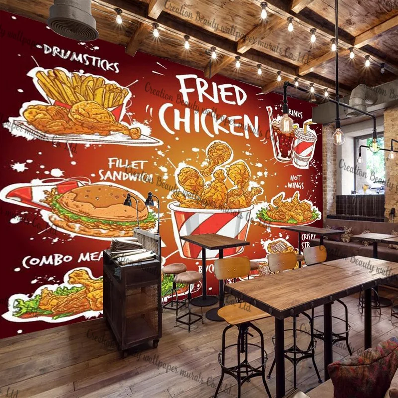 

Hand Drawn American Fast Food Restaurant Custom Mural Wallpaper Fried Chicken Burger Snack Bar Decor Wall Paper Papel De Parede